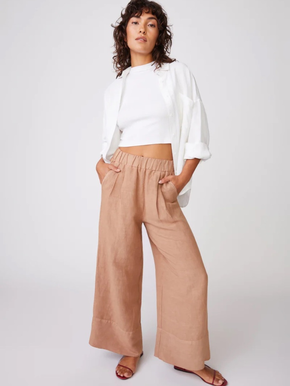 Stateside Linen Wide Leg Pants Cafe Brown XS Elastic Waist Minimalist Capsule